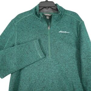 Eddie Bauer 1/4 Zip Fleece Pullover Mens L Green Marled Knit Hiking Sweater
